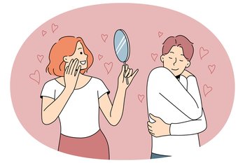Happy people looking in mirror or hug themselves showing self-love and admiration. Man and woman loving inner beauty. Vector illustration.. Happy people showing self-love