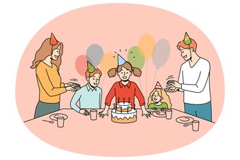 Happy family with children celebrate birthday blowing candles on cake. Excited kid with parents have fun on anniversary celebration. Vector illustration.. Happy parents and kids celebrate birthday