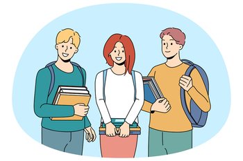 Portrait of smiling students with book and backpacks satisfied with education course. Happy people with textbooks at college or university. Vector illustration.. Smiling students with backpacks and books