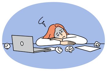 Exhausted woman employee lying on desk feeling overwhelmed with work. Unhappy tired businesswoman sleep on workplace suffer from overwork. Vector illustration.. Tired woman employee lying on desk