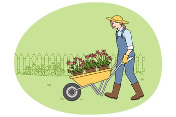 Happy woman gardener in uniform with wheel cart doing outdoor works. Smiling female gardening planting flowers outside. Environment and hobby concept. Vector illustration.. Woman gardener working in home garden