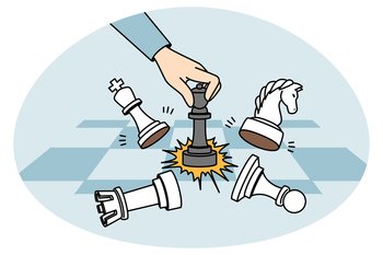 Businessman playing chess on chessboard. Concept of business strategy and planning. Gambit utter and victory. Vector illustration.. Businessman playing chess
