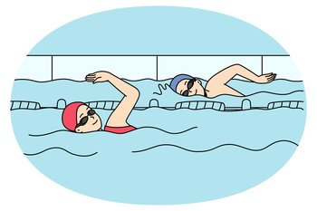 People swimming in indoors pool. Sportsmen in gear training for competition. Physical activity and sport concept. Vector illustration.. People swimming in pool