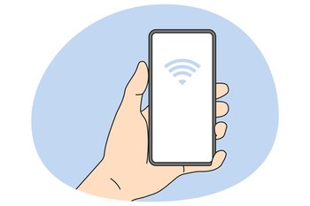 Person holding smartphone with NFC on screen. Near field communication technology on mobile phone. NFC payment with cellphone. Flat vector illustration.. Person holding cellphone with NFC on screen
