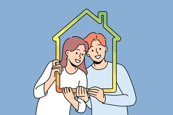 Man and woman with house outline symbolizing family property and sustainable energy efficient housing. Young couple recommends taking out mortgage or insuring house to avoid possible problems. Man and woman with house outline symbolizing family property and energy efficient housing