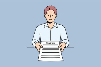 Man applicant with resume in hands came to interview in company to get desired job with high salary. Ambitious guy with resume recommends familiarizing yourself with skills and personal data. Man applicant with resume in hands came to interview in company to get desired job with high salary