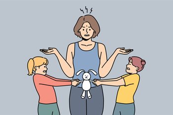 Conflicting children over toy and embarrassed mother throwing up hands and needing help of nanny. Two hyperactive conflicting girls fight over plush bunny, not wanting to share with sister. Conflicting children over toy and embarrassed mother throwing up hands and needing help of nanny