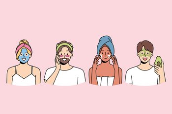 People with beauty masks on faces use organic creams to get rid of wrinkles and rejuvenate skin. Man and woman apply hygienic beauty masks, wanting to remove bruises under eyes or acne. People with beauty masks on faces use organic creams to get rid of wrinkles and rejuvenate skin