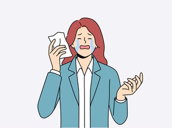 Upset woman crying wiping tears with paper napkin after business went bankrupt due to financial crisis. Sad businesswoman crying and needing support to solve psychological problems. Upset woman crying wiping tears with paper napkin after business went bankrupt due to crisis