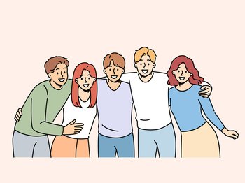 Group of teenagers high school students hug and laugh, enjoy being friends with peers and classmates. Team of happy teenagers looking at screen for advertising educational services. Group of teenagers high school students hug and laugh, enjoy being friends with peers and classmates