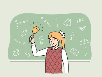 Girl elementary school student with bell stands near chalkboard with mathematical formulas and examples. Happy schoolgirl with bow on blond hair makes call, for concept back to school. Girl elementary school student with bell stands near chalkboard with mathematical formulas