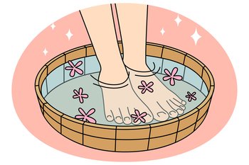 Close-up of legs in bowl with water and flowers. Person enjoy procedures in spa or saloon. Aromatherapy and relaxation. Vector illustration.. Person enjoy procedures in spa