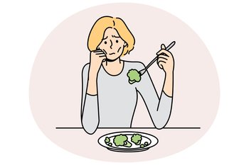 Unhappy anorexic woman suffer eating food. Upset stressed skinny female struggle with meal disorder. Health problem and healthcare. Vector illustration.. Anorexic woman struggle eating food