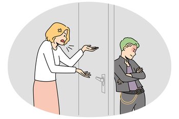 Angry mother talking to teen goth child locked in room. Parent children relationship concept. Adolescence and growing up. Vector illustration.. Angry mother talking to teen goth child