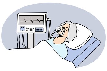 Old woman in mask lying under ventilator in hospital. Mature patient breathing with ventilating machine. ICU hospital intensive. Vector illustration.. Mature woman breathing with ventilating machine