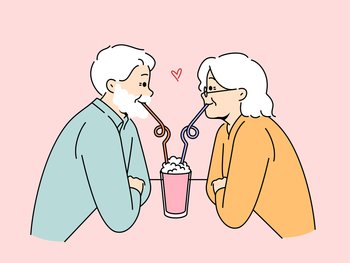 Romantic elderly couple on date, drink one cocktail and experience celebrating wedding anniversary. Date old people in love celebrating Valentine day in cafe demonstrating loyalty in marriage. Romantic elderly couple on date, drink one cocktail and experience celebrating wedding anniversary