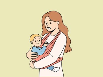 Mother holds baby in carrier sling and smiles, taking care of son and using comfortable babywearing. Caring happy woman with newborn, recommends purchasing sling for young mothers.. Mother holds baby in carrier sling and smiles, taking care of son and using comfortable babywearing.