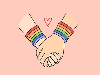 Holding hands with LGBT bracelets symbolizing love between gays or lesbians or tolerance towards LGBTQ community. Concept of sexual freedom and protection of rights of LGBT people in month of pride. Holding hands with lgbt bracelets symbolizing love between gays or lesbians or tolerance
