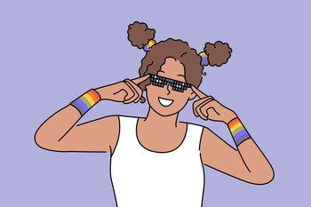Woman with LGBT bracelets adjusts sunglasses and smiles, drawing attention to problems of LGBTq community. African American girl fight against discrimination against lesbian and LGBT activists. Woman with LGBT bracelets adjusts sunglasses and smiles, drawing attention to LGBTq community
