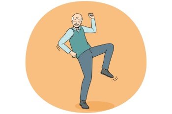 Happy elderly man have fun dancing. Smiling energetic old grandfather feel optimistic and positive moving. Healthy maturity. Vector illustration.. Energetic elderly grandfather dancing
