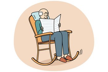Elderly man sit in rocking chair reading newspaper. Old grey-haired grandfather relax in armchair enjoy press. Happy calm maturity. Vector illustration.. Elderly man sit in chair reading newspaper
