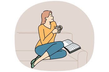 Dreamy young man sit on sofa reading book drinking coffee. Happy girl relax on couch in living room with warm beverage. Vector illustration.. Happy girl sit on couch reading book drinking coffee
