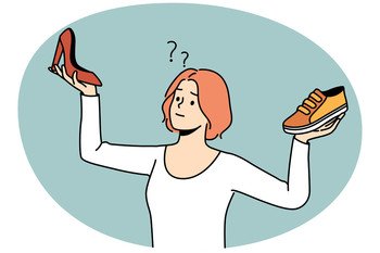 Confused young woman choosing between different shoes types. Frustrated girl make choice between sneakers and heels. Fashion and style. Vector illustration.. Frustrated woman choosing shoes