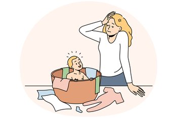 Stressed young woman feel tired with motherhood and small kid. Unhappy frustrated mother exhausted with toddler and parenthood. Vector illustration.. Tired woman exhausted with motherhood