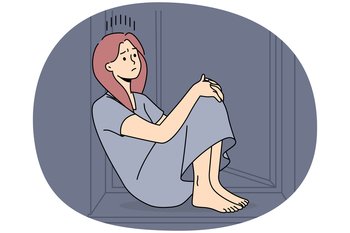 Unhappy woman sit on windowsill suffer from loneliness or solitude. Upset sad girl struggle with depression or mental psychological problems. Vector illustration.. Unhappy woman sit on windowsill suffer from solitude
