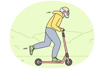 Happy energetic elderly man riding on scooter outdoors. Smiling active old grandparent have fun driving on motorscooter. Maturity. Vector illustration.. Energetic elderly man riding scooter