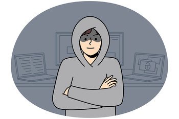 Young man in hood standing near computers hacking internal operations system. Suspicious male hacker near laptops and gadgets. Device security. Vector illustration.. Male hacker stand near computers