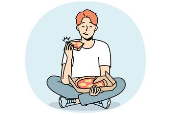 Smiling young man eating delicious pizza. Happy guy enjoy tasty Italian food sitting on floor. Nutrition and takeaway delivery. Vector illustration.. Smiling man eating pizza