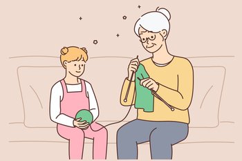 Cute little girl child sit on couch knitting together with elderly grandmother. Smiling grandparent and small grandchild enjoy yarning at home. Hobby. Vector illustration. . Little girl; child knitting together with grandmother 