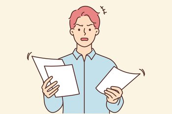 Angry young man distressed with paperwork at workplace. Furious businessman stressed with paper results or statistics. Vector illustration. . Furious man distressed with paperwork 