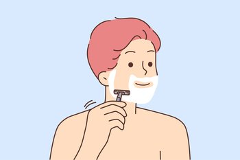 Smiling young man shaving with razor in bathroom or shower. Happy male do daily beauty skincare procedures. Wellness and facial treatment. Vector illustration. . Smiling man shaving with razor