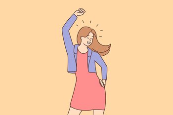 Overjoyed young woman feel joyful dancing at party. Smiling millennial girl in dress have fun make moves celebrate win or success. Vector illustration. . Smiling woman feel excited dancing 
