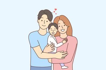 Happy young family with baby child in hands. Smiling parents hug cuddle toddler kid. Parenthood and unity. Vector illustration. . Happy family with baby in hands 