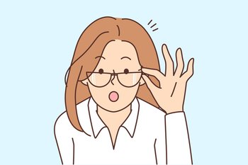 Stunned young woman in glasses shocked by unbelievable news or message. Amazed girl take off eyewear surprised with unexpected information. Vector illustration. . Stunned woman shocked with unexpected news