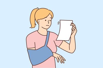 Confused young woman with broken arm in cast read paper from doctor. Frustrated girl with hand trauma look at therapist prescription. Vector illustration. . Confused woman with broken arm read prescription 