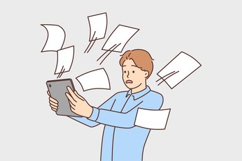 Distressed man look at tablet screen overwhelmed with emails. Unhappy stressed male employee with pad shocked with letters and documents. Vector illustration. . Distressed man look at tablet overwhelmed with emails