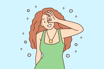 Smiling young redhead woman showing hand gesture feeling joyful and optimistic. Happy girl look through finger. Emotion and expression. Vector illustration. . Smiling young woman show hand gesture 
