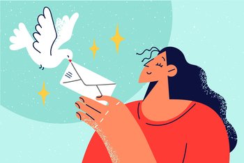 Smiling woman give envelope to dove. Happy girl send post letter by bird. Correspondence and mailing. Vector illustration. . Smiling woman give envelope to dove