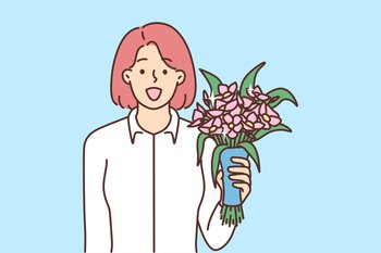Smiling young woman holding bouquet in hands greeting with birthday or anniversary. Happy female with flowers congratulate with special occasion. Vector illustration. . Smiling woman with bouquet greeting with anniversary 