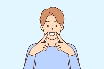 Happy young man point at healthy white teeth after dental treatment. Overjoyed guy demonstrate great smile recommend dentistry services. Oral care. Vector illustration. . Happy man show heathy white teeth 