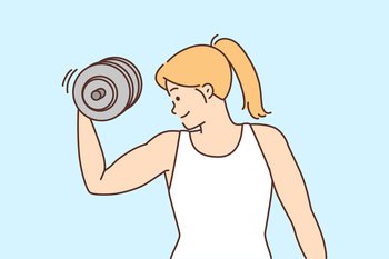 Strong young woman training with dumbbell in gym. Toned sporty female athlete exercising with heavy equipment gaining muscles. Sport and bodybuilding. Vector illustration. . Young woman exercising with dumbbells