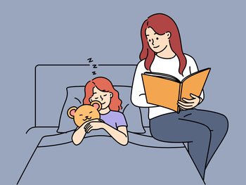 Loving young mother sit in bed reading book to sleepy daughter. Caring mom make little girl child to sleep with fairytale. Motherhood. Vector illustration. . Loving mother read book to daughter in bed