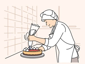 Happy female chef in uniform decorate cake at cafe kitchen. Smiling woman cooking preparing dessert at counter. Culinary hobby. Vector illustration. . Female chef decorating cake at restaurant 