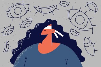 Blindfolded woman surrounded with numerous eyes. Girl with cover on eyes feel pressured stalked. Concept of paranoia and mental health. Vector illustration. . Blindfolded woman feel stalked with numerous eyes 