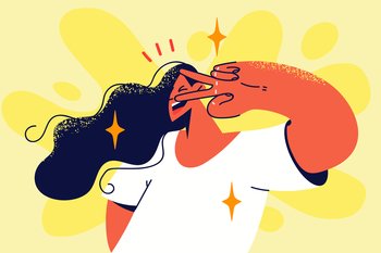 Smiling woman showing hand gesture feeling positive and optimistic. Happy girl with victory sign demonstrate good mood. Body language. Vector illustration. . Smiling woman show cool hand gesture 