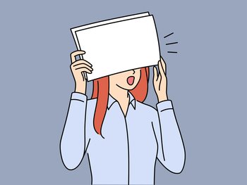 Shocked woman office worker covers eyes with paper after seeing serious mistake. Shocked girl in shirt is frightened by opening mouth checking documents received from manager. Shocked woman office worker covers eyes with paper after seeing serious mistake